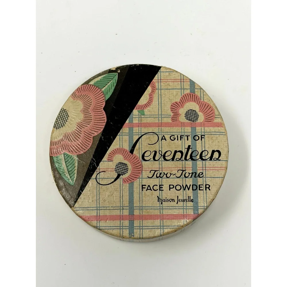 Vintage 1930's Maison Jeurelle Seventeen Two Tone Face Powder Box Plaid Floral